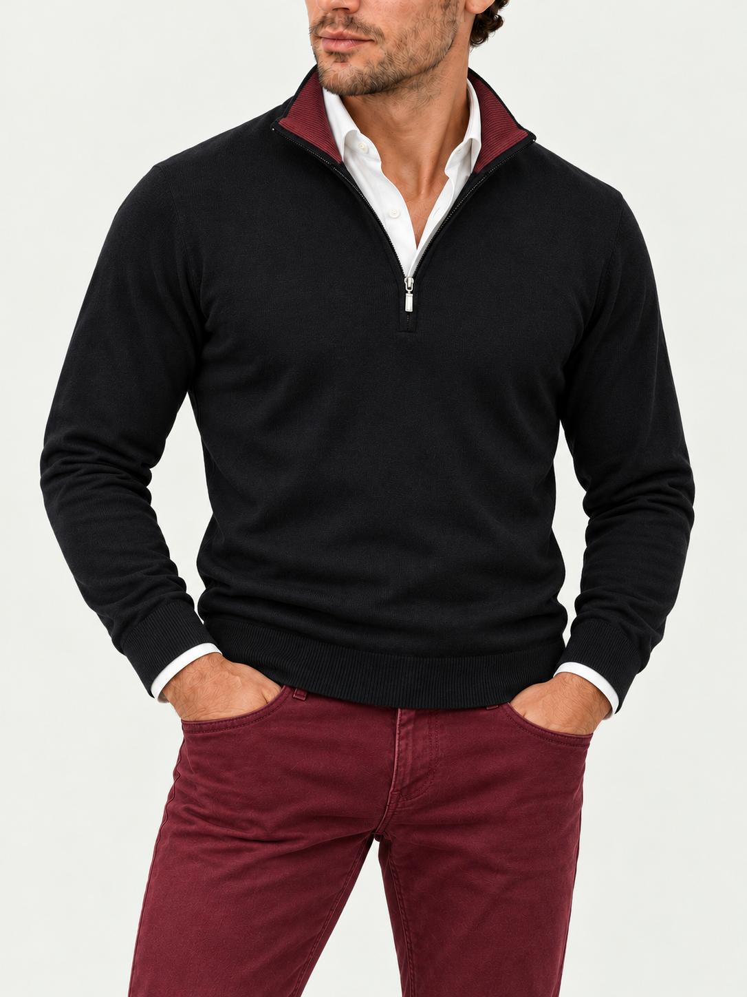 Burgundy Night styled with burgundy Holiday moleskin jeans and a white shirt