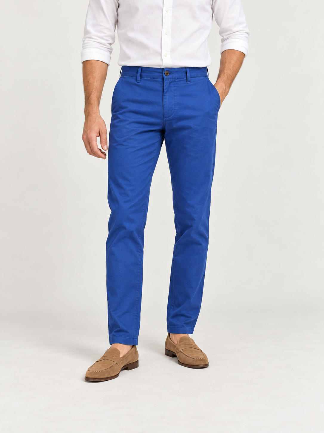 Cobalt Sateen Cotton Chinos - Tailored Fit worn on a model with coordinating top and loafers