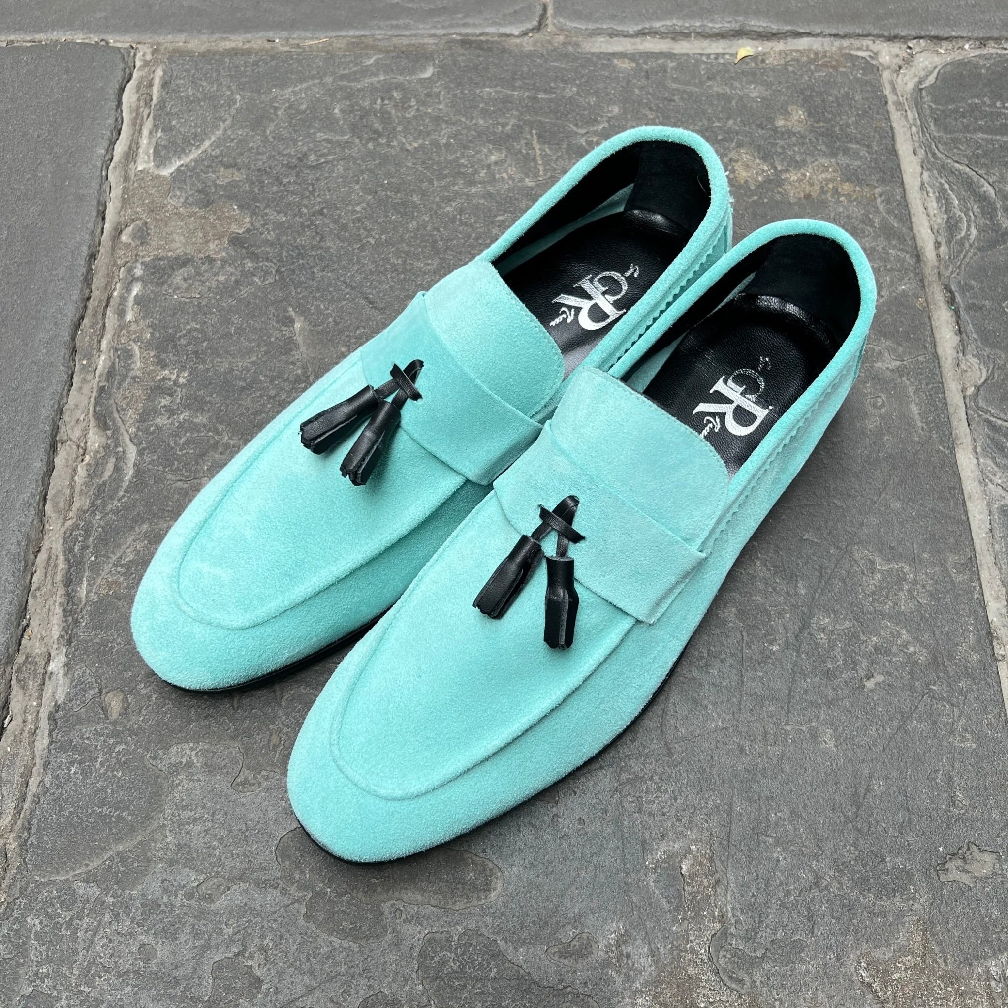Aqua Suede Tassel Loafers