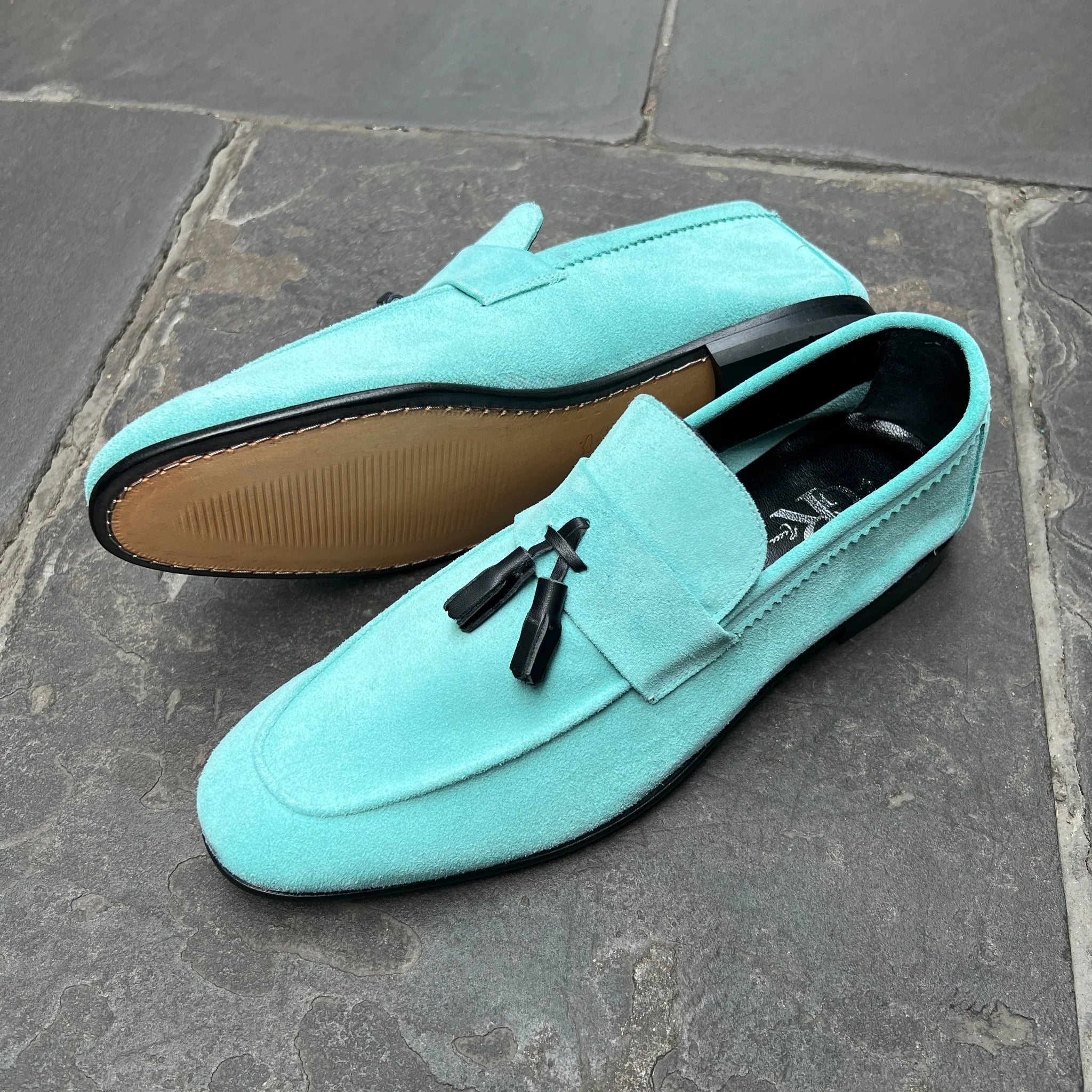 Aqua Suede Tassel Loafers