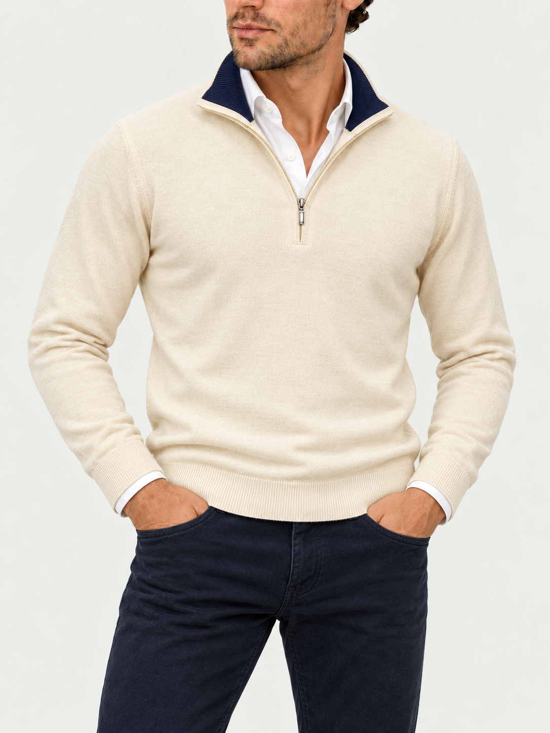 Cream Midnight styled with navy Holiday moleskin jeans and white shirt