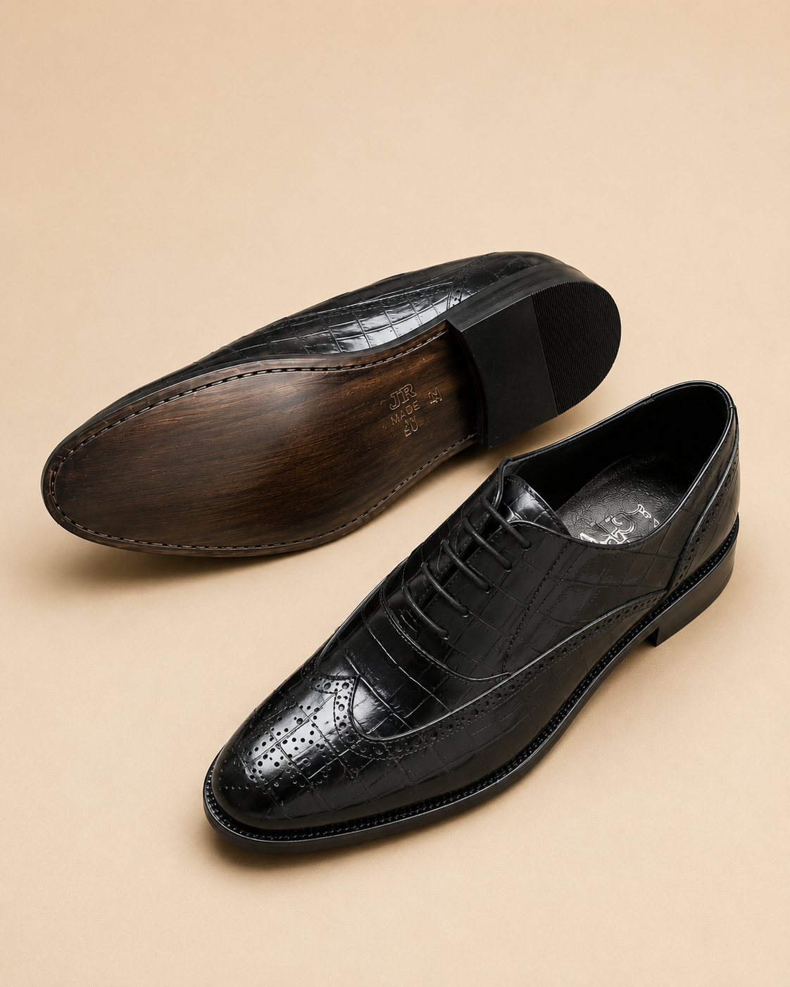 Croc-Embossed Brogue Oxford Shoes – Black