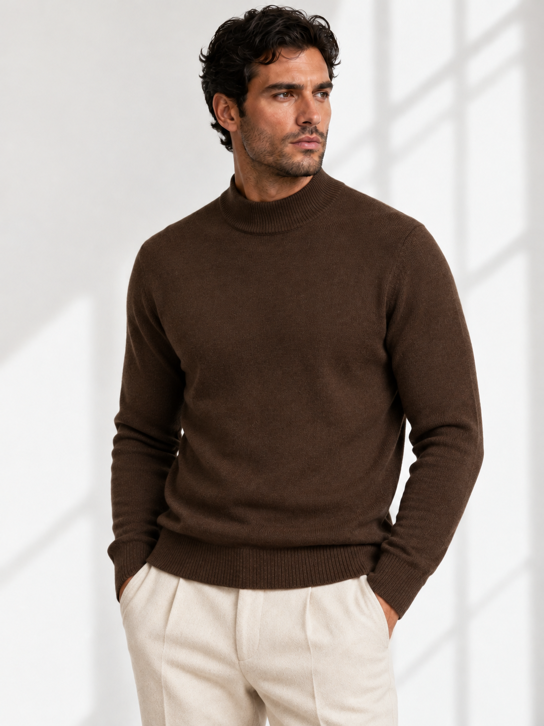 dark brown mock neck worn with cream trousers
