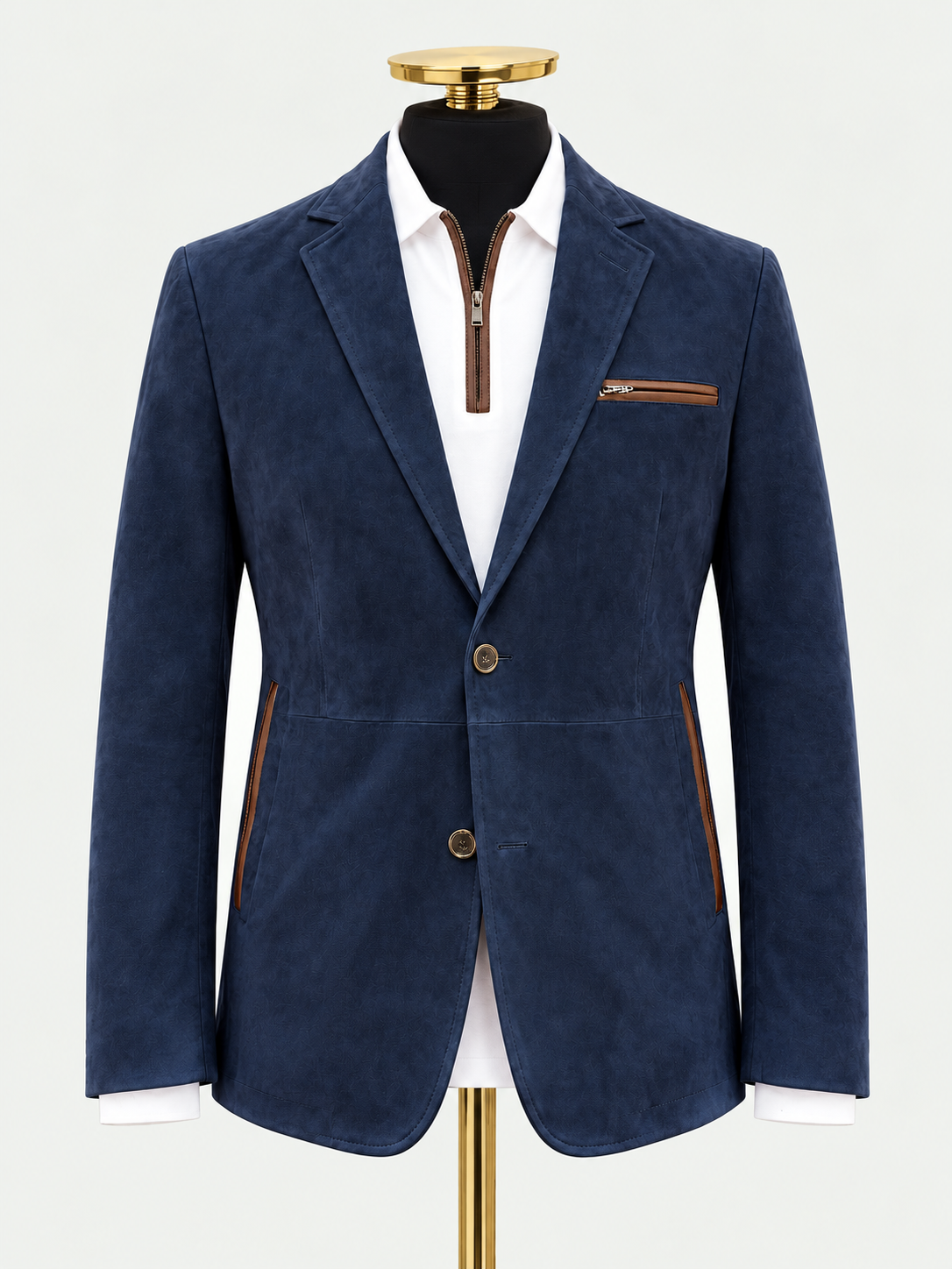 Dark Navy Alcantara Blazer – Contrast Chest Pocket on a black mannequin against a pale grey background