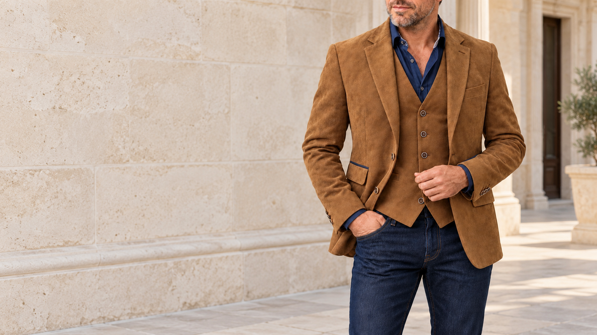 Brown Alcantara blazer and matching waistcoat with navy shirt and jeans in limestone courtyard