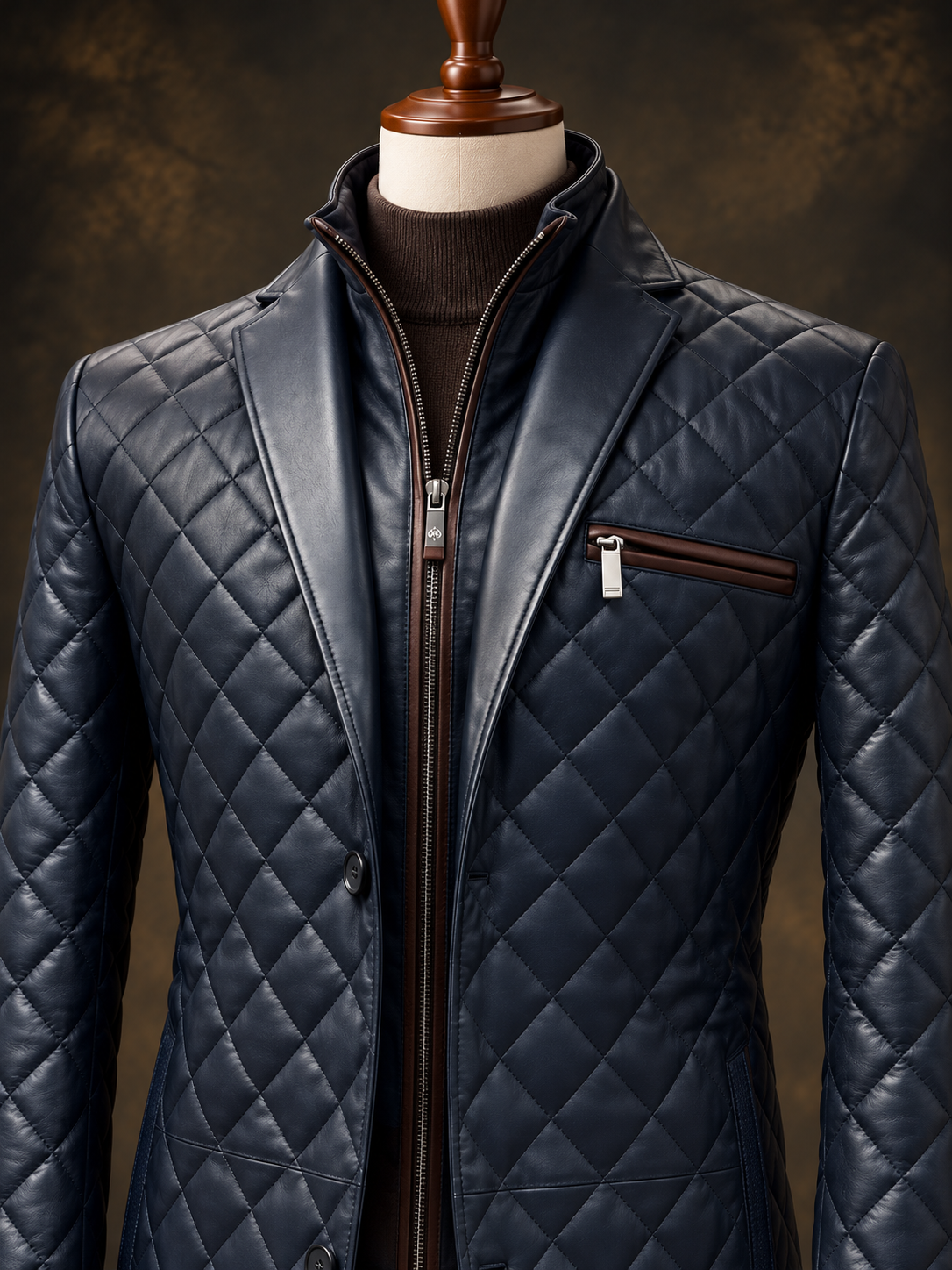 Dark Evening Blue Bentley Diamond Hybrid Leather Jacket – detail