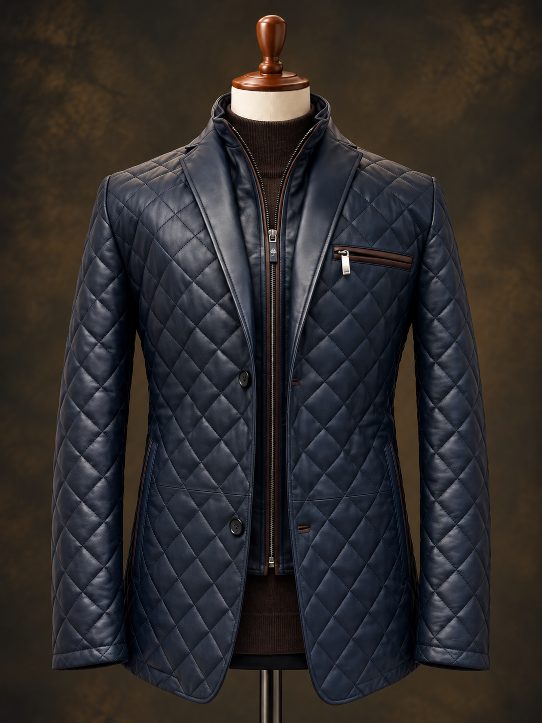 Dark Evening Blue Bentley Diamond Hybrid Leather Jacket – mannequin