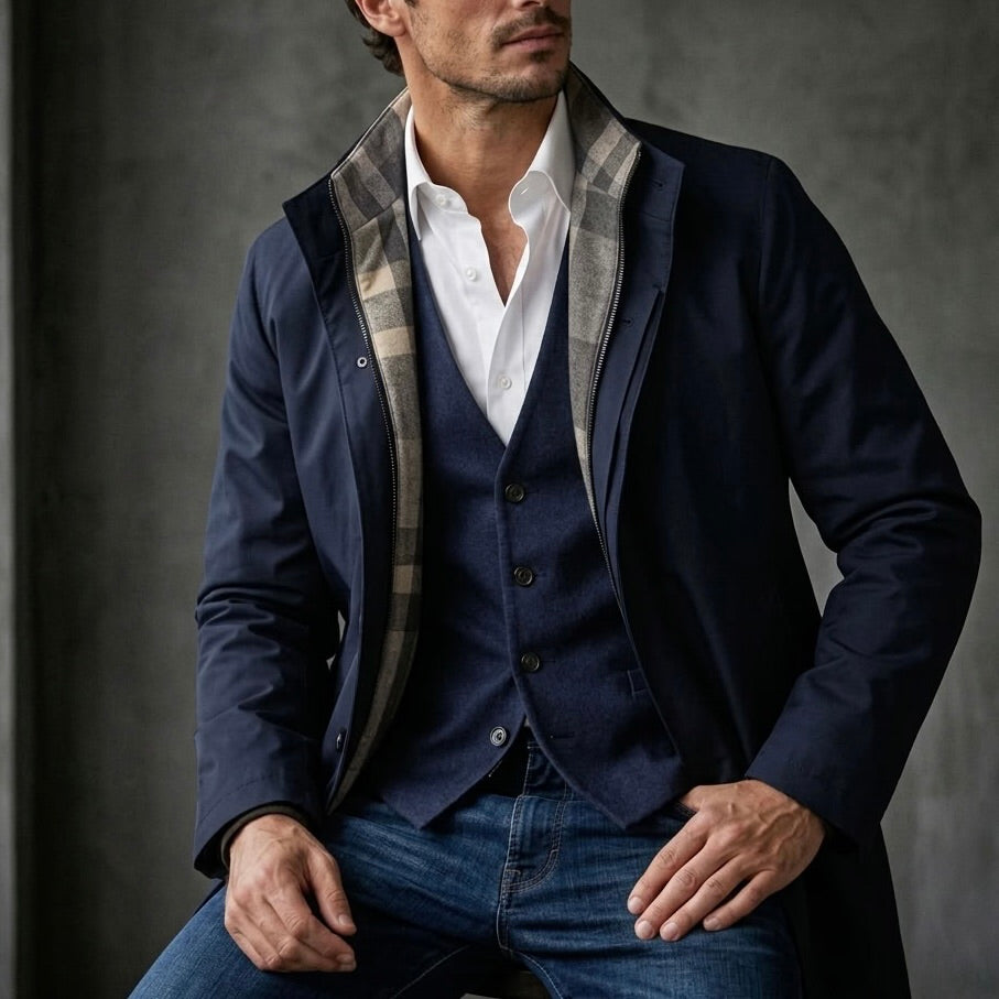 Mayfair Navy Silk-Padded Short Car Coat