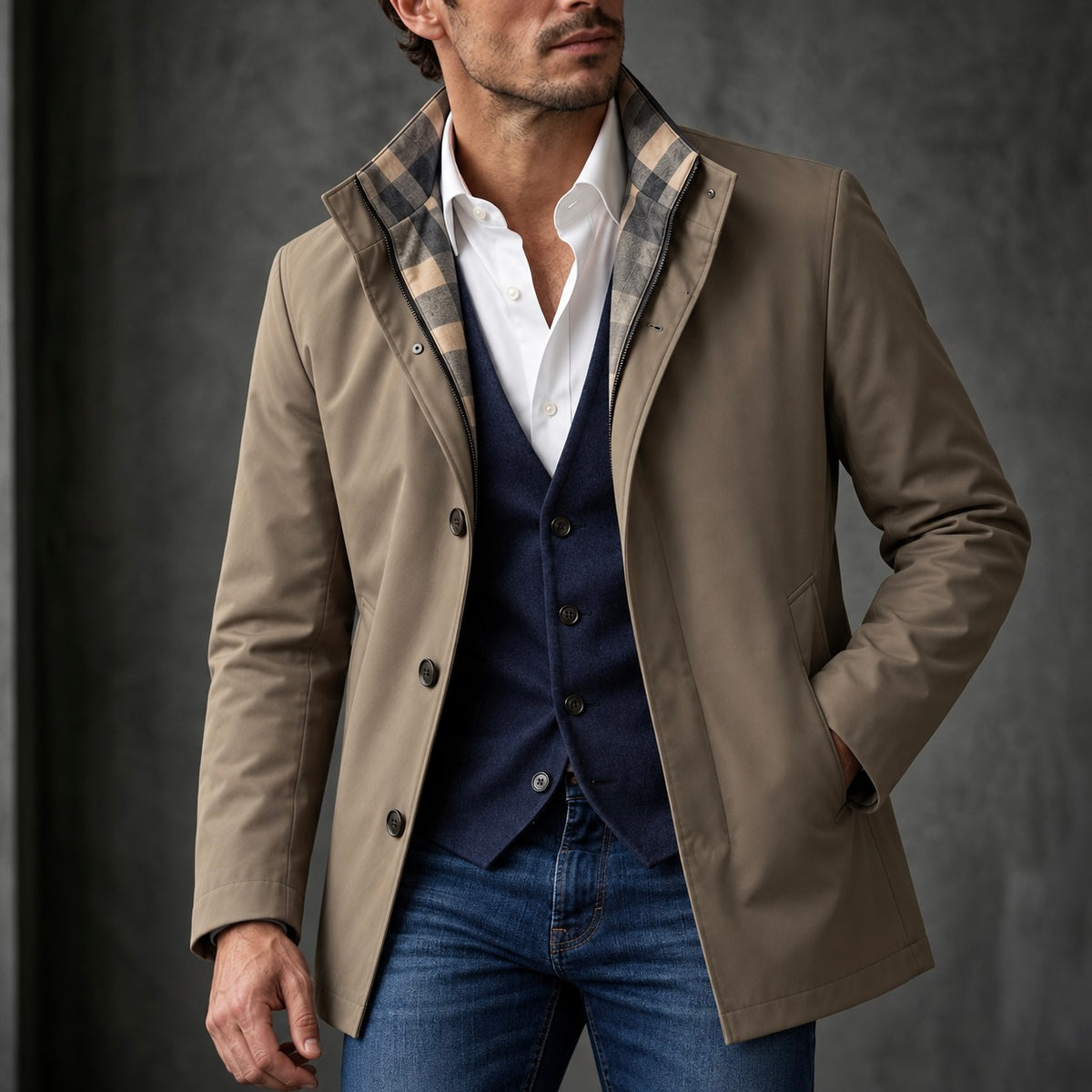 Mayfair Taupe Silk-Padded Short Car Coat on model