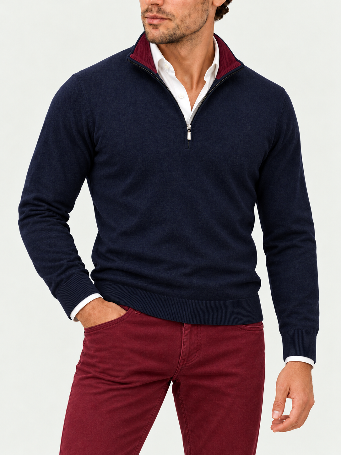 Midnight Merlot styled with burgundy Holiday moleskin jeans and a white shirt