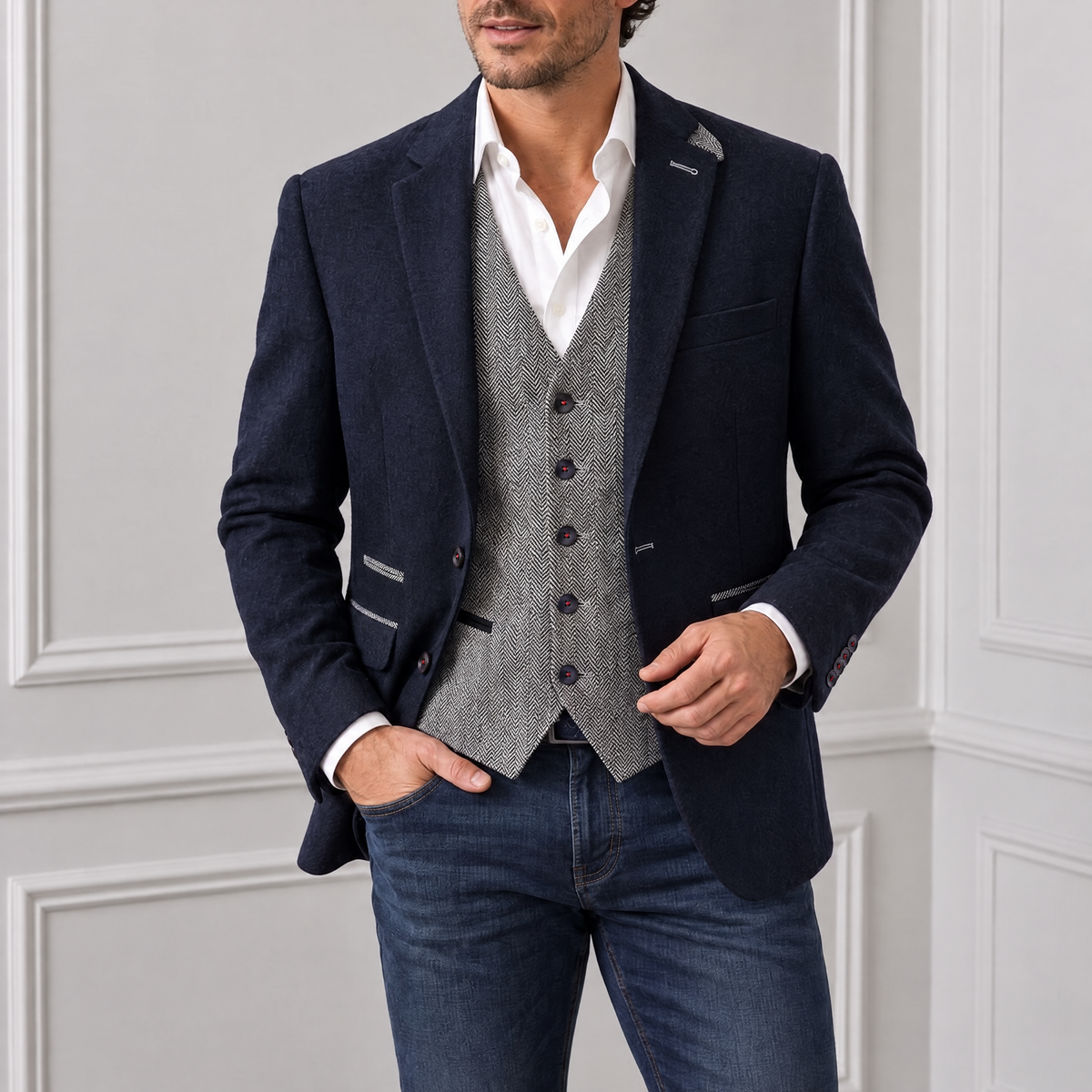 Midnight navy wool and cashmere blazer with grey herringbone waistcoat, white shirt and blue denim jeans