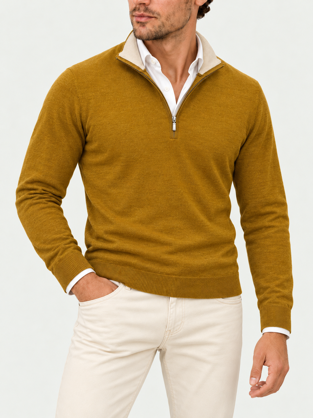 Mustard Mirage styled with off-white Holiday moleskin jeans and white shirt