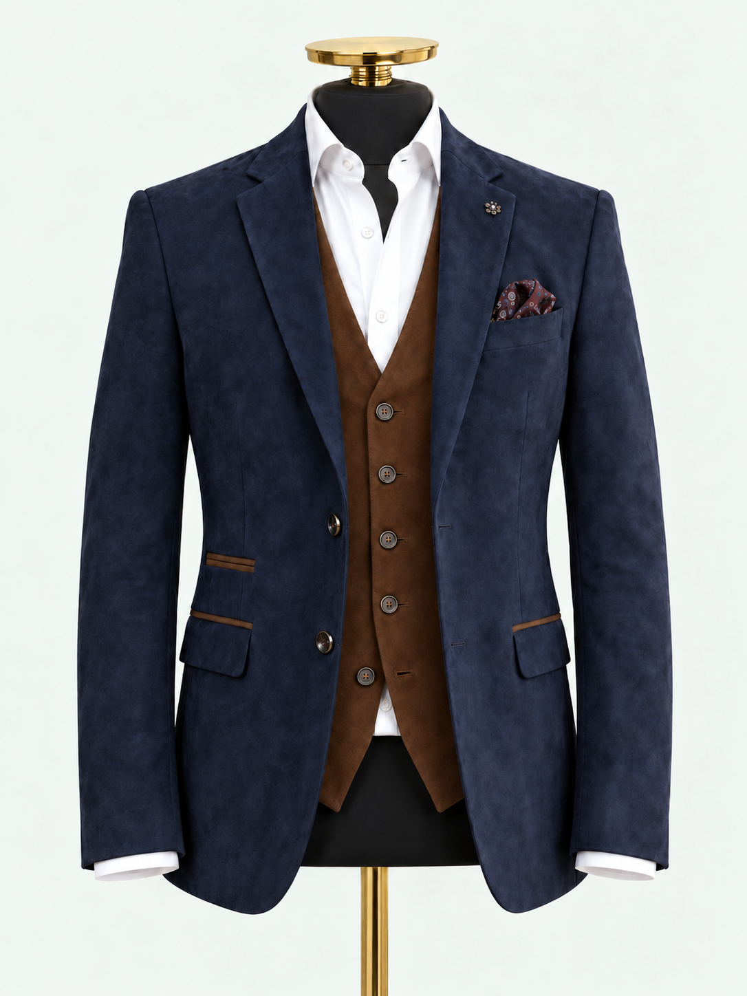 Navy Alcantara Blazer – Suede-Effect – Tailored Fit on gold mannequin against pale grey background