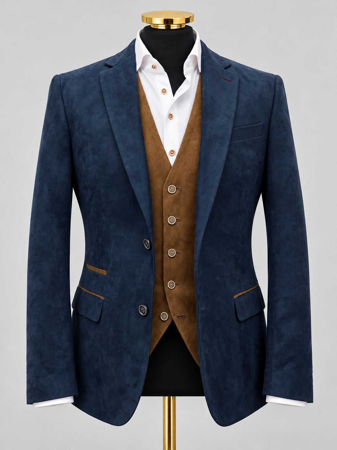 Navy Alcantara Blazer with tan waistcoat and white shirt — mannequin