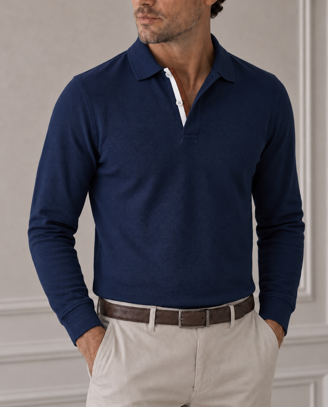 Navy Piqué Polo – Long Sleeve – matched portrait
