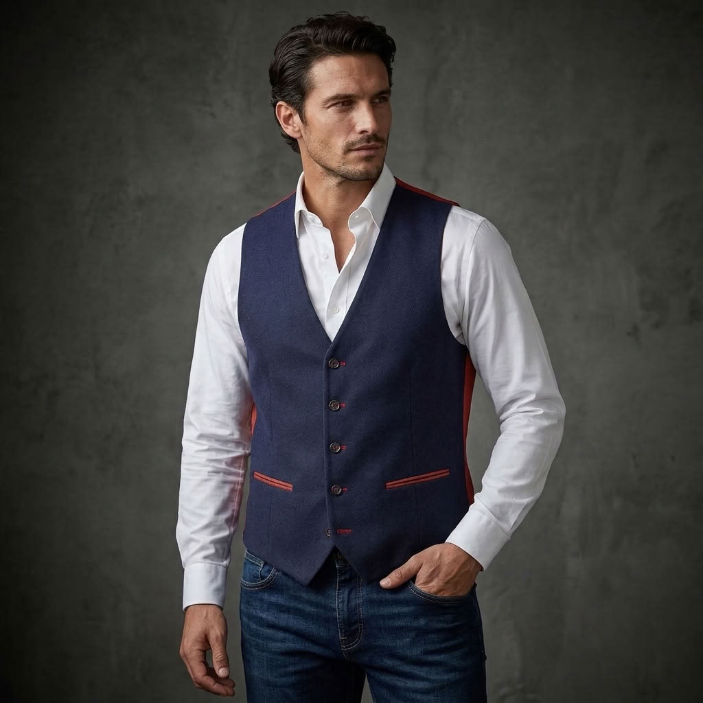 Model wearing the navy blue waistcoat with red pocket trim over a white shirt and jeans