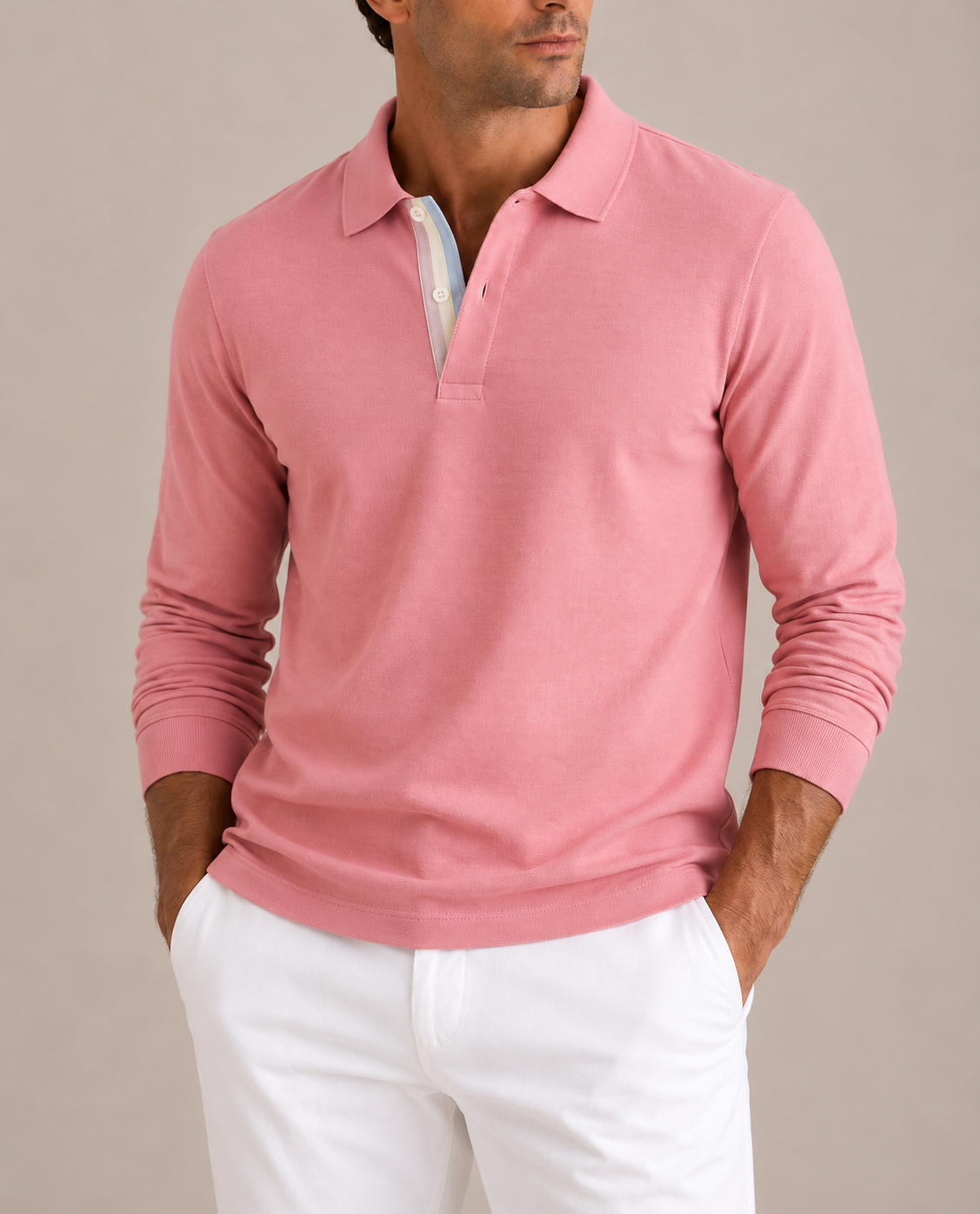 Pink Piqué Polo – Long Sleeve – matched portrait
