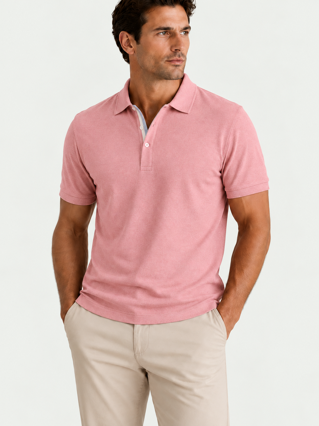 Pink Piqué Polo - Short Sleeve - Regular Fit model photograph on pale grey background