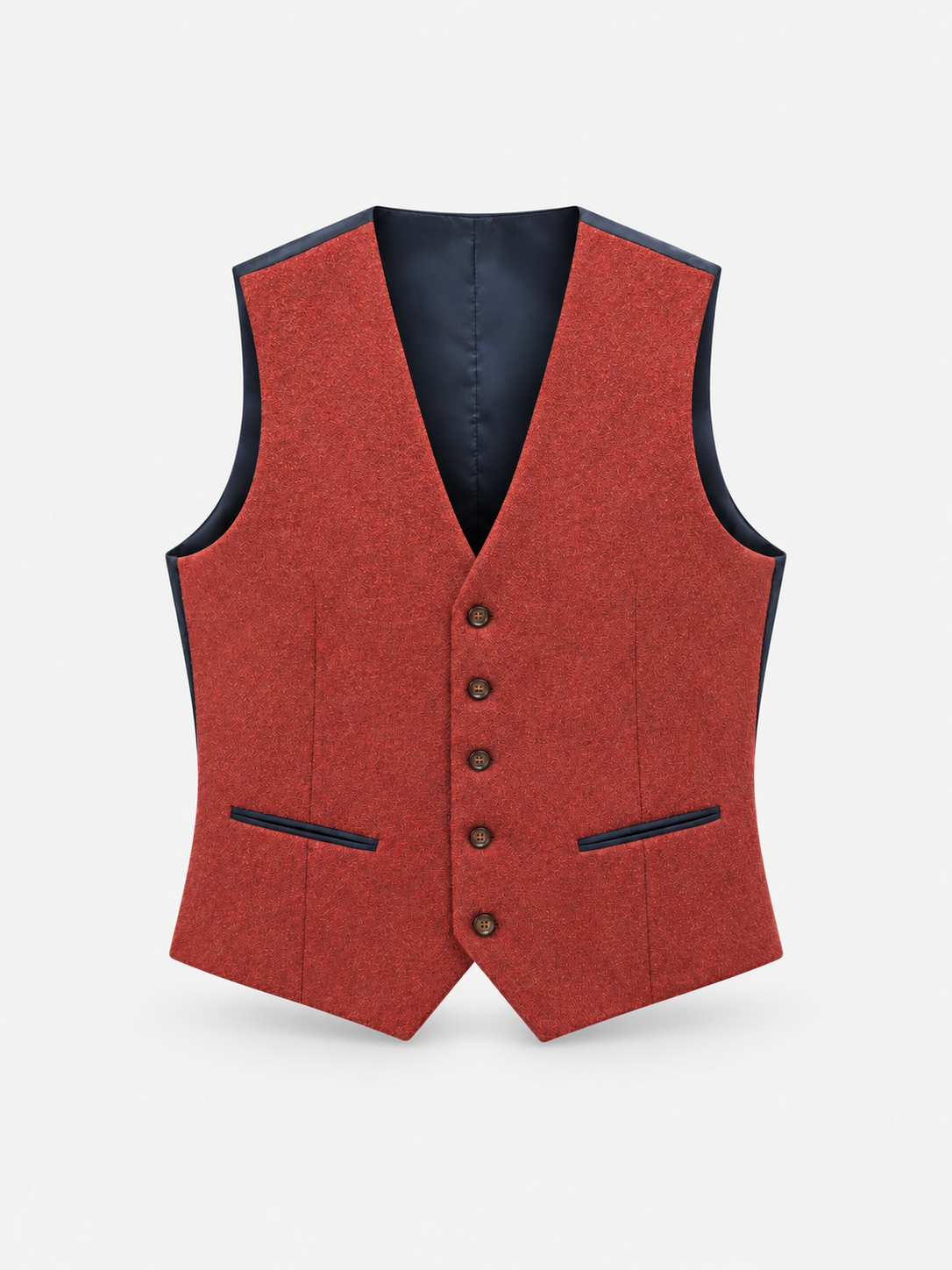 Red waistcoat with navy blue trim, front view on pale grey background