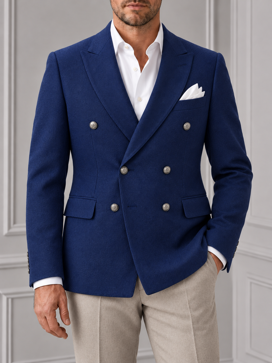 Regent Double-Breasted Navy Wool Blazer – portrait model photograph