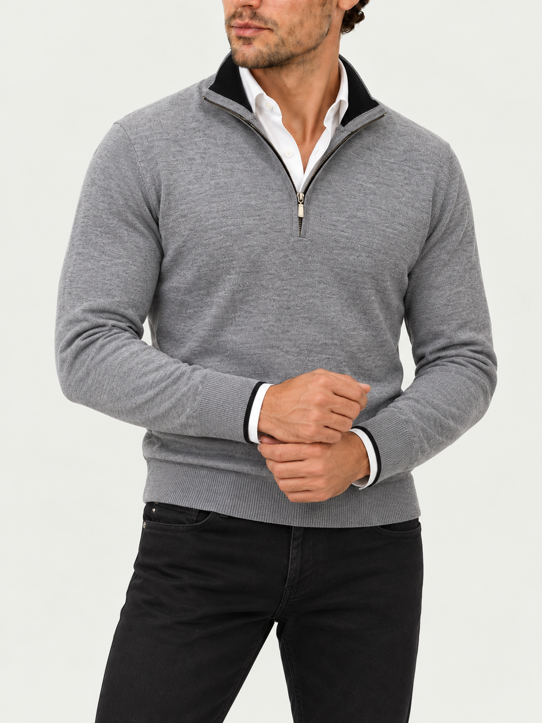 Silver Midnight Merino Wool Quarter Zip Sweater styled with black Holiday moleskin jeans and white shirt