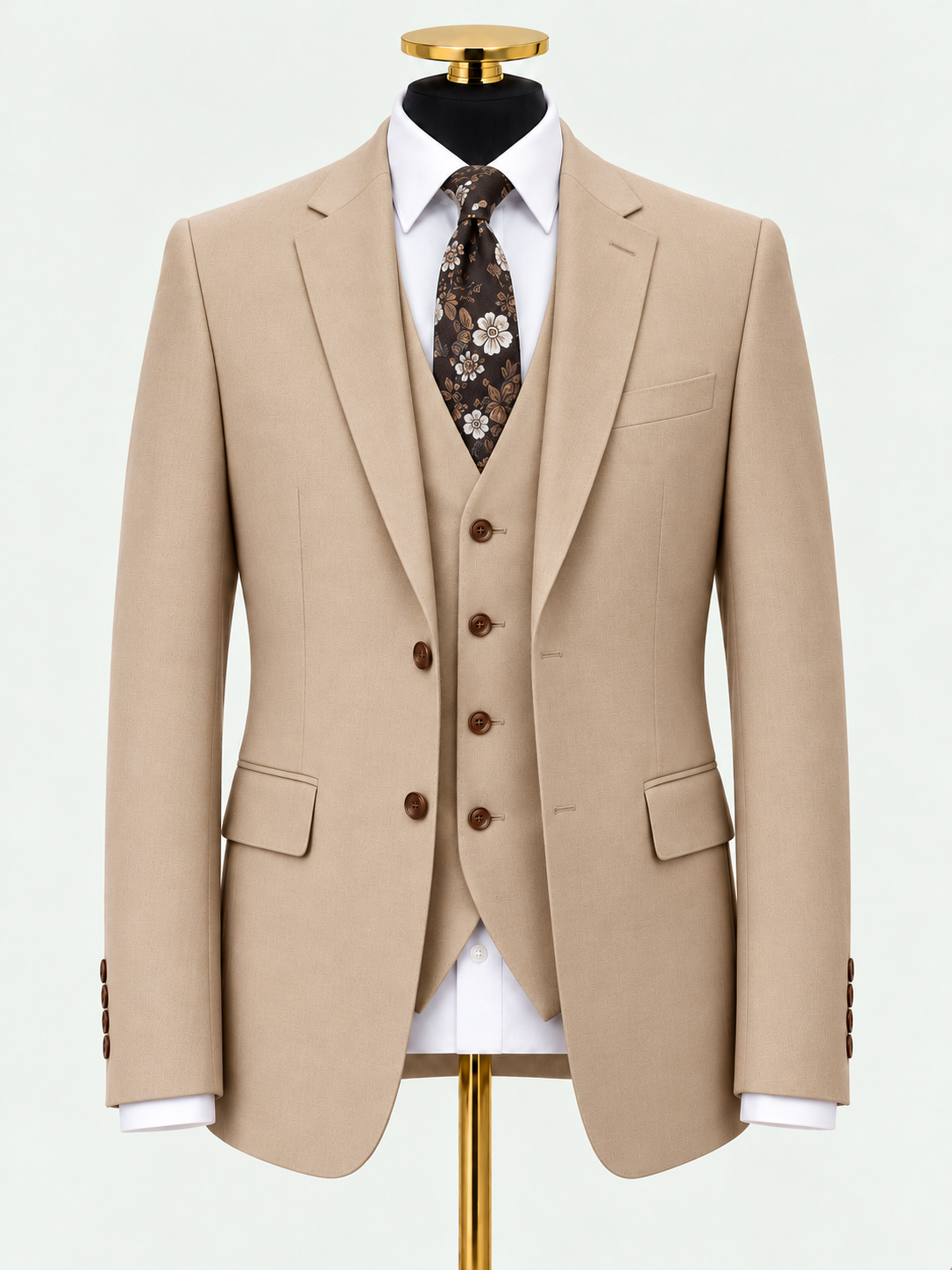 The Regent Sand Wool Blend Three-Piece Suit on a gold mannequin against pale grey