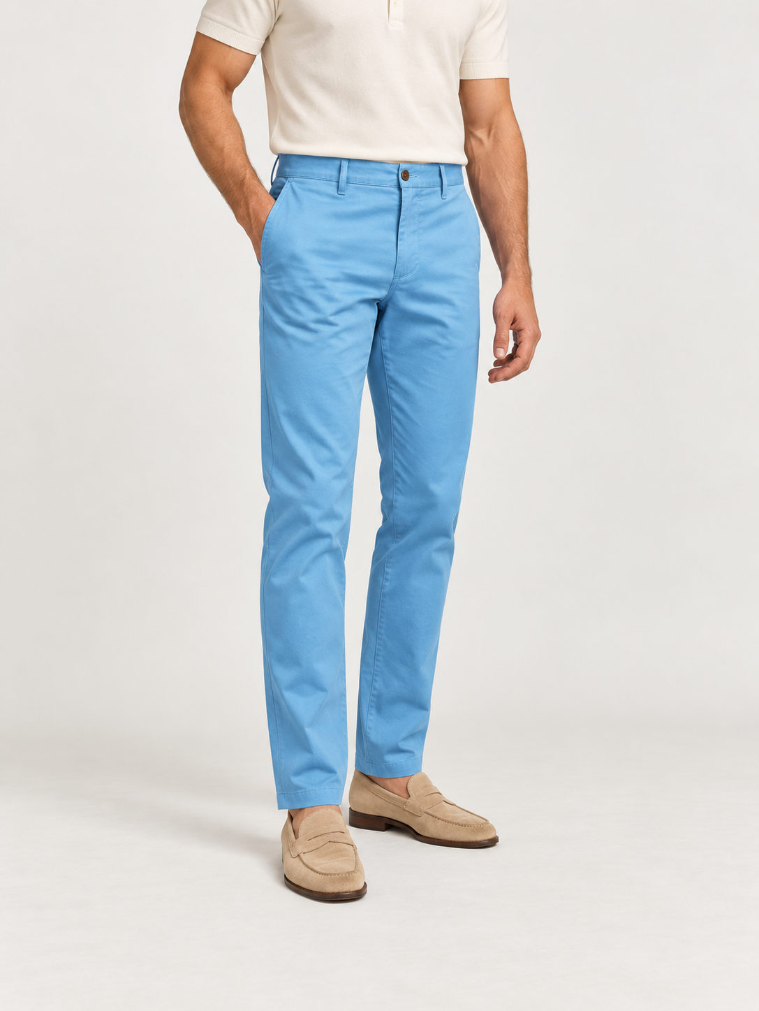 Turchese Sateen Cotton Chinos - Tailored Fit worn on a model with coordinating top and loafers