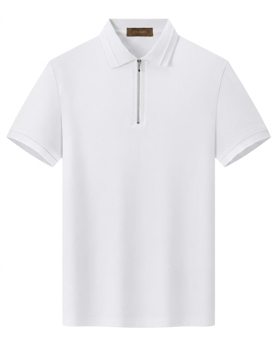 White polo shirt with a brand label on a white background