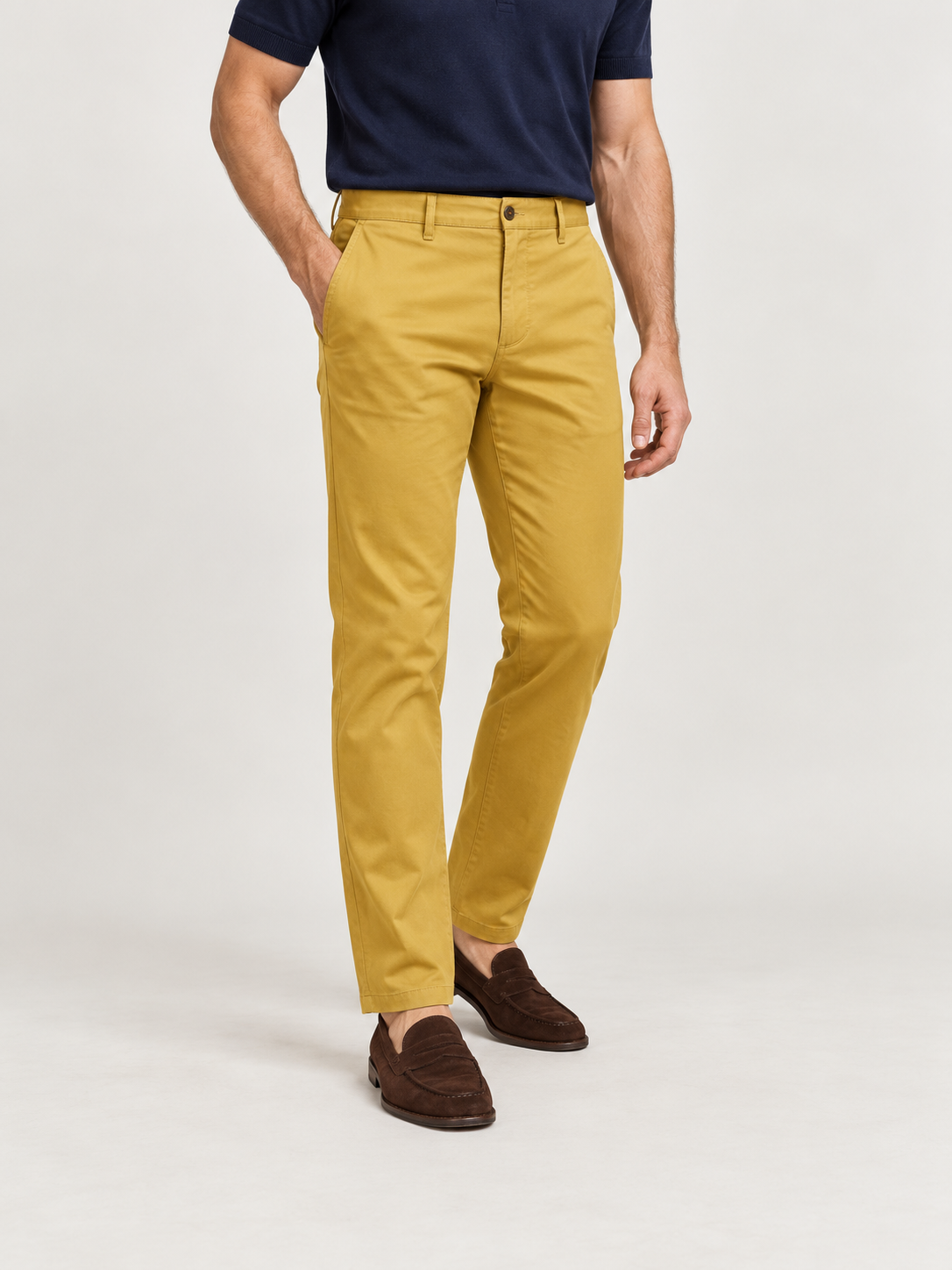 Yellow Sateen Cotton Chinos - Tailored Fit worn on a model with coordinating top and loafers