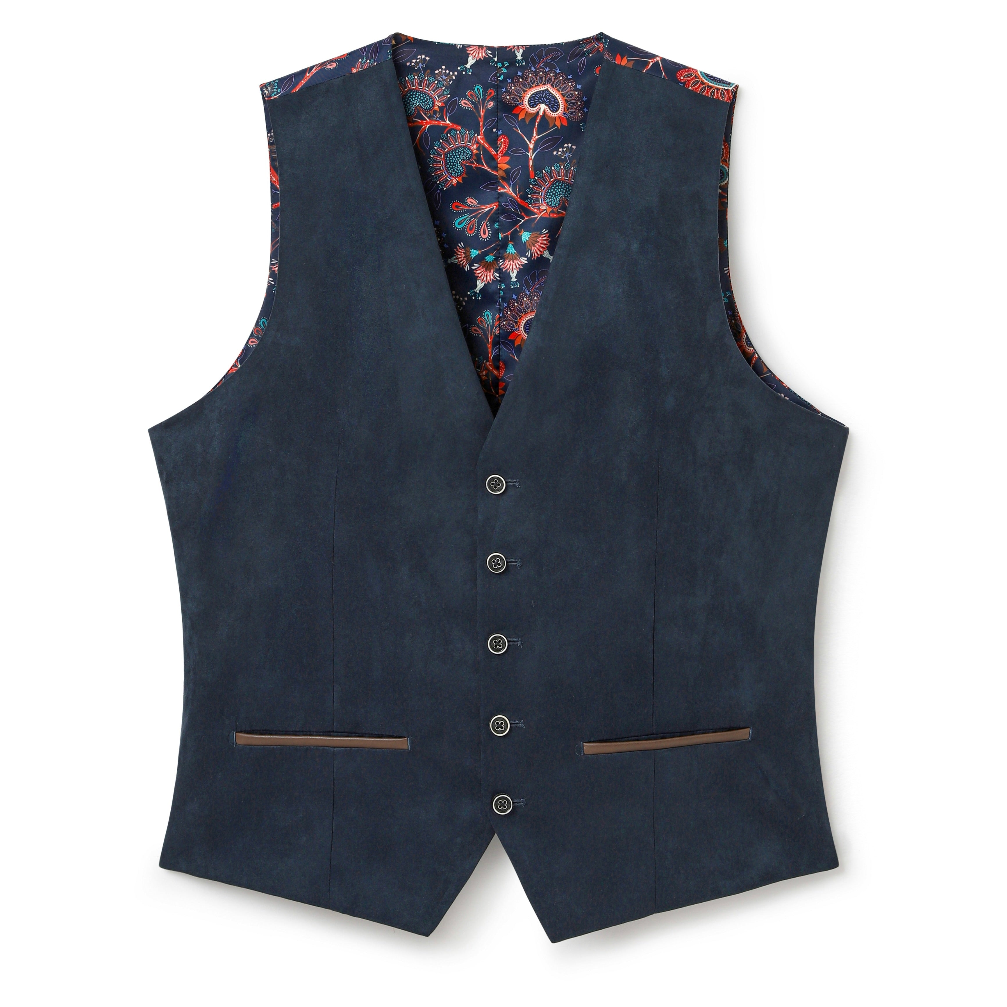 Navy Alcantara Waistcoat – Brown Faux Leather Trim