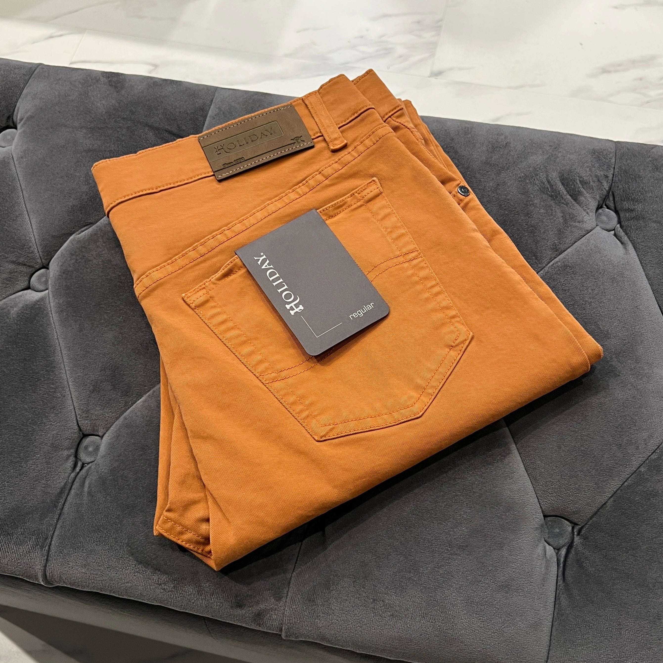 Men’s High Waist Orange cotton jeans by Holiday, regular fit, available in waist sizes 30–46 inches and inside leg 28–33 inches