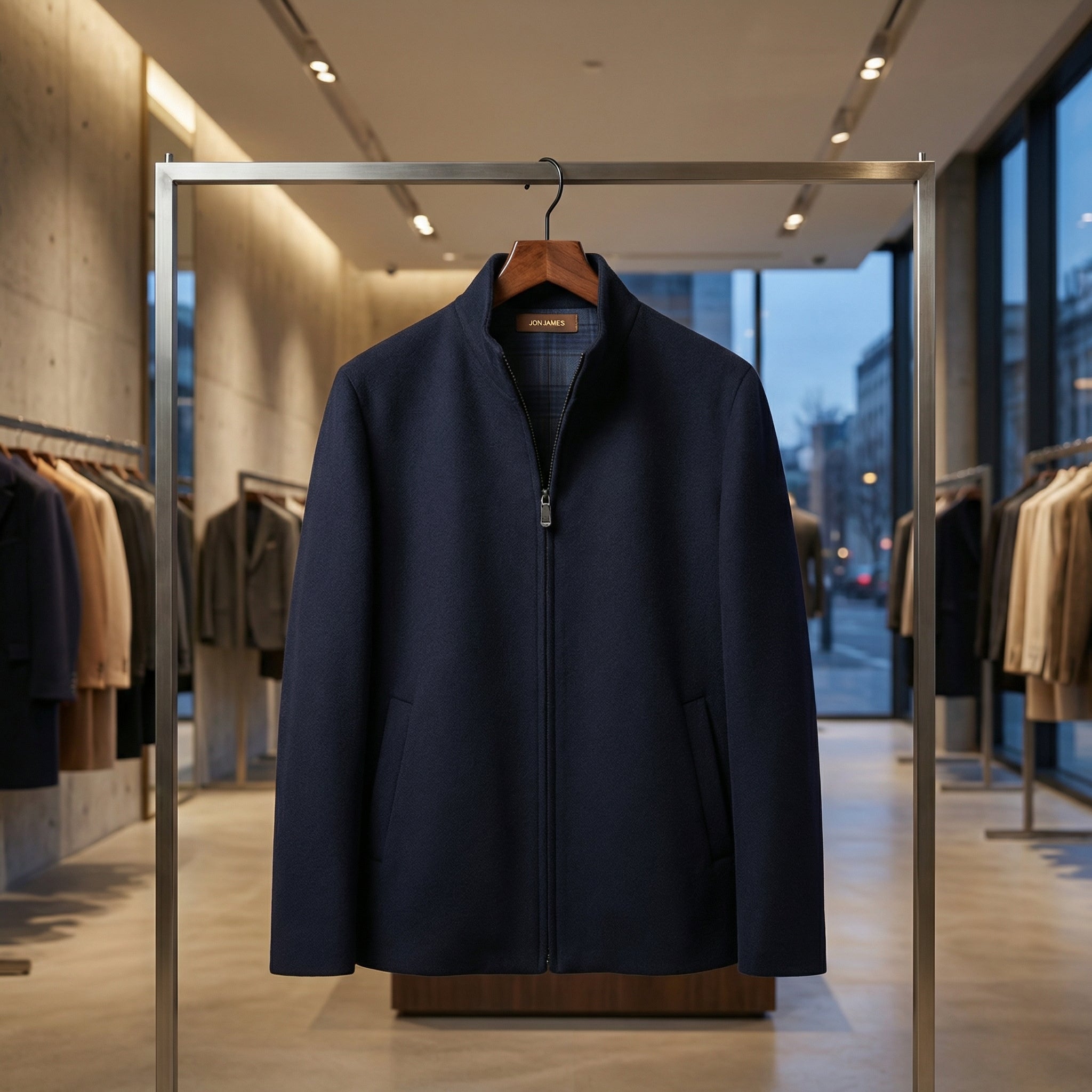 Wool & Cashmere Stand Collar Jacket - Navy