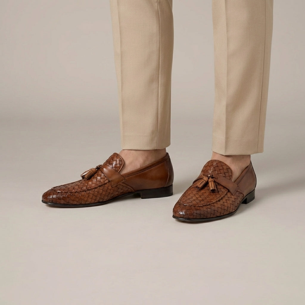 Tan Basket Weave Tassel Loafers