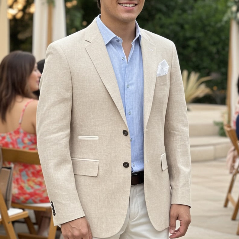 Italian Pure Linen Blazer in Sandstone Beige with White Contrast Trim