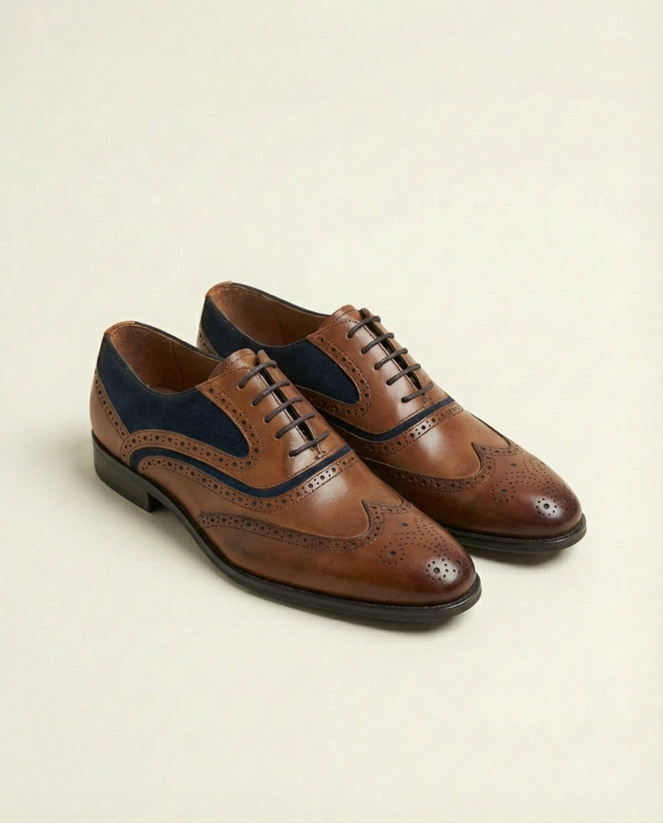 Tan and Navy Leather Wingtip Brogue Oxfords