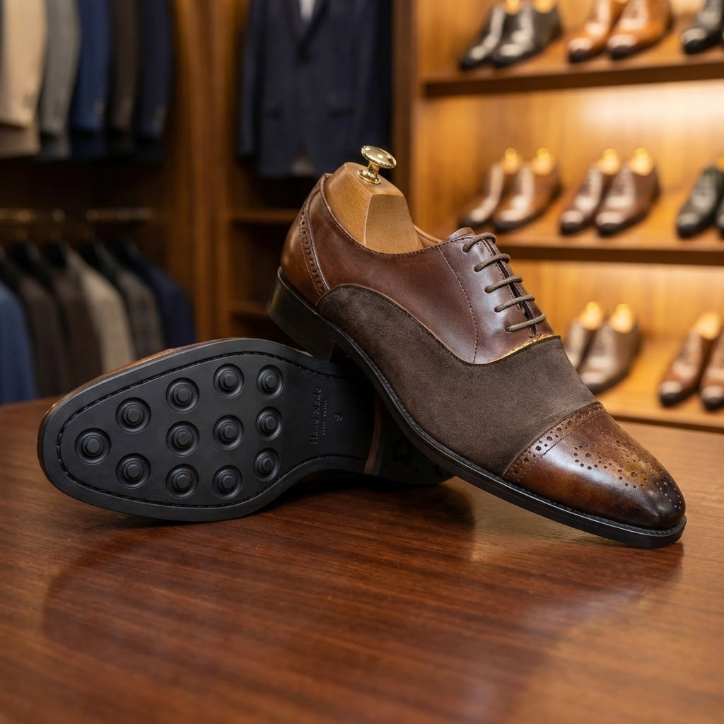 Brown Leather and Suede Cap Toe Oxford