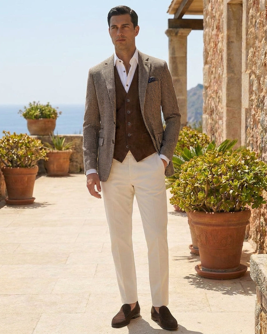 Man in a beige dog tooth blazer and brown suede waistcoat wearing light cream and our brown suede slip on loafers standing outdoors with scenic background