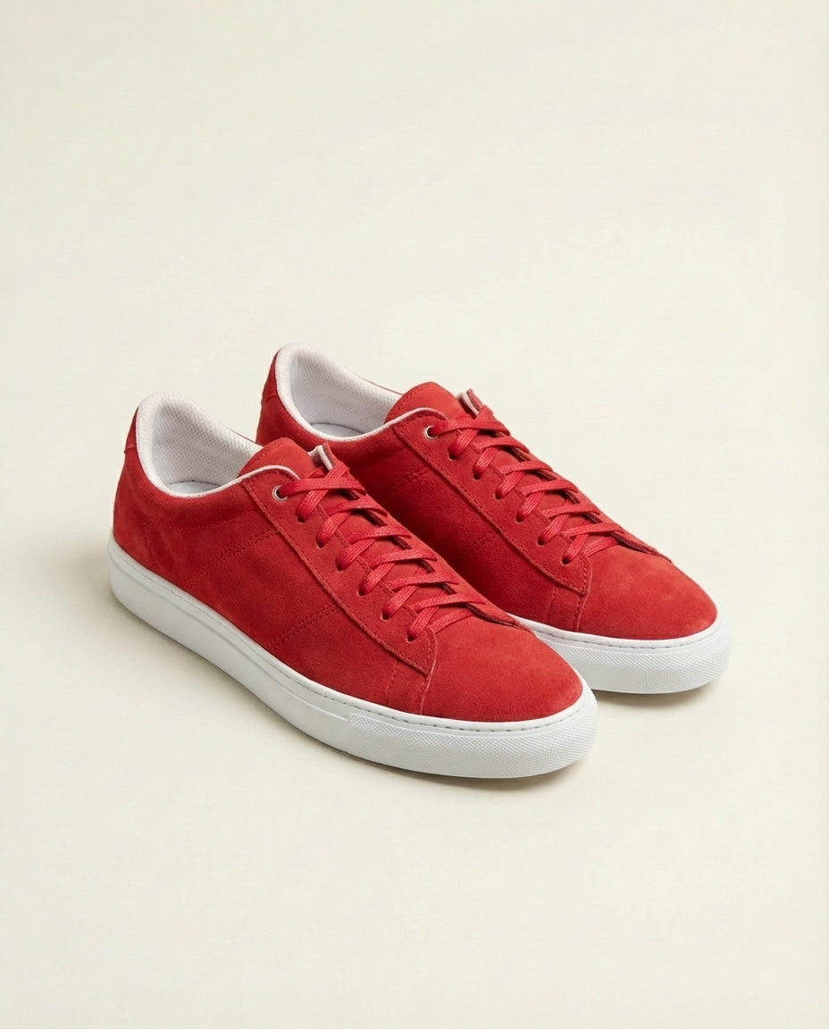 Red Suede Low-Top Sneakers with White Sole