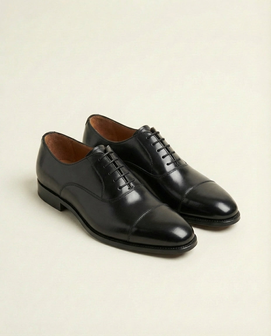 Black Leather Cap Toe Oxford with Rubber Sole