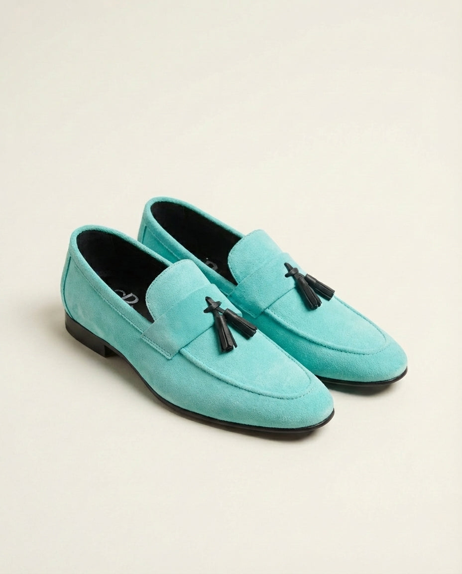 Aqua Suede Tassel Loafers