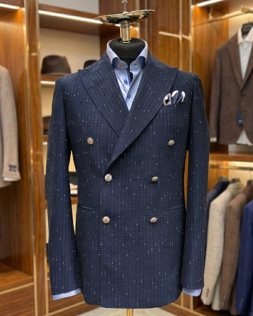 Navy Textured Stripe Double Breasted Blazer