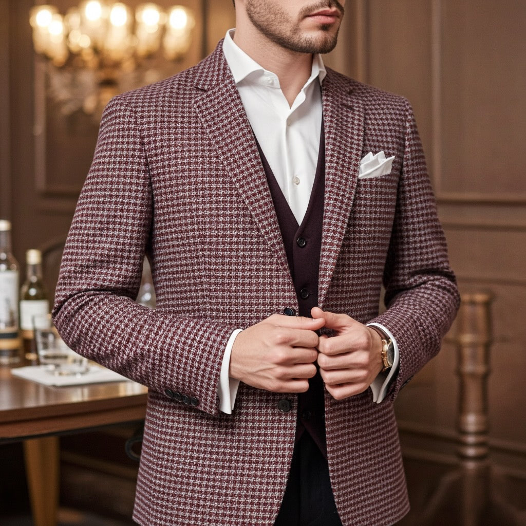 Burgundy Houndstooth Heritage Blazer