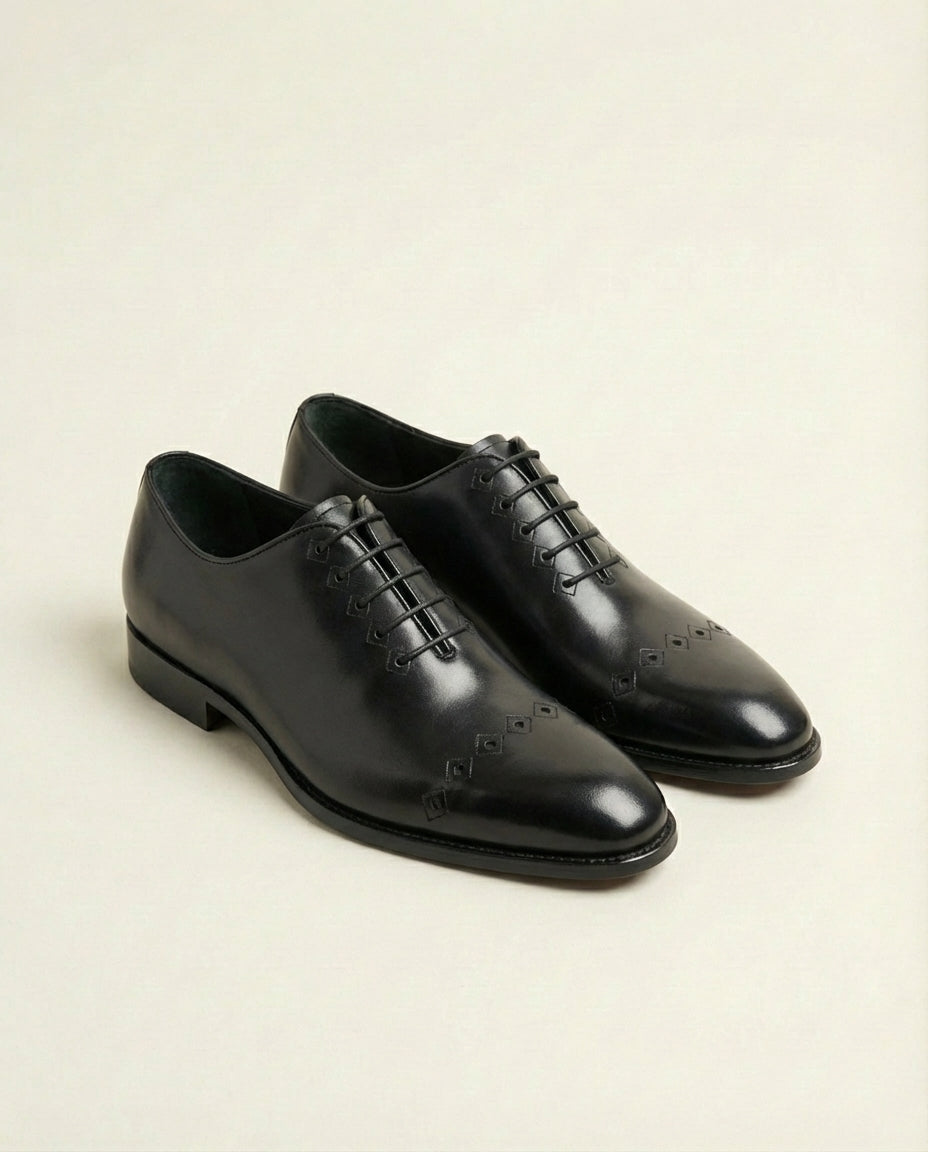 Black Leather Oxford with Diamond Cap Toe