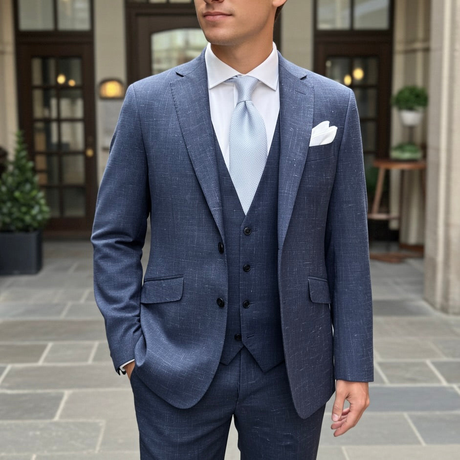 Italian 3-Piece Blue Suit – White Fleck Design, 100% Lana Virgin Wool