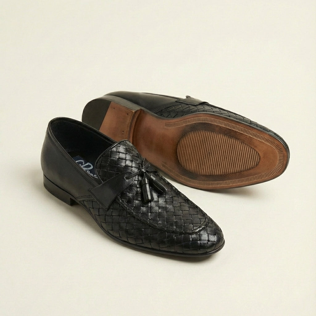 Black Basket Weave Tassel Loafers