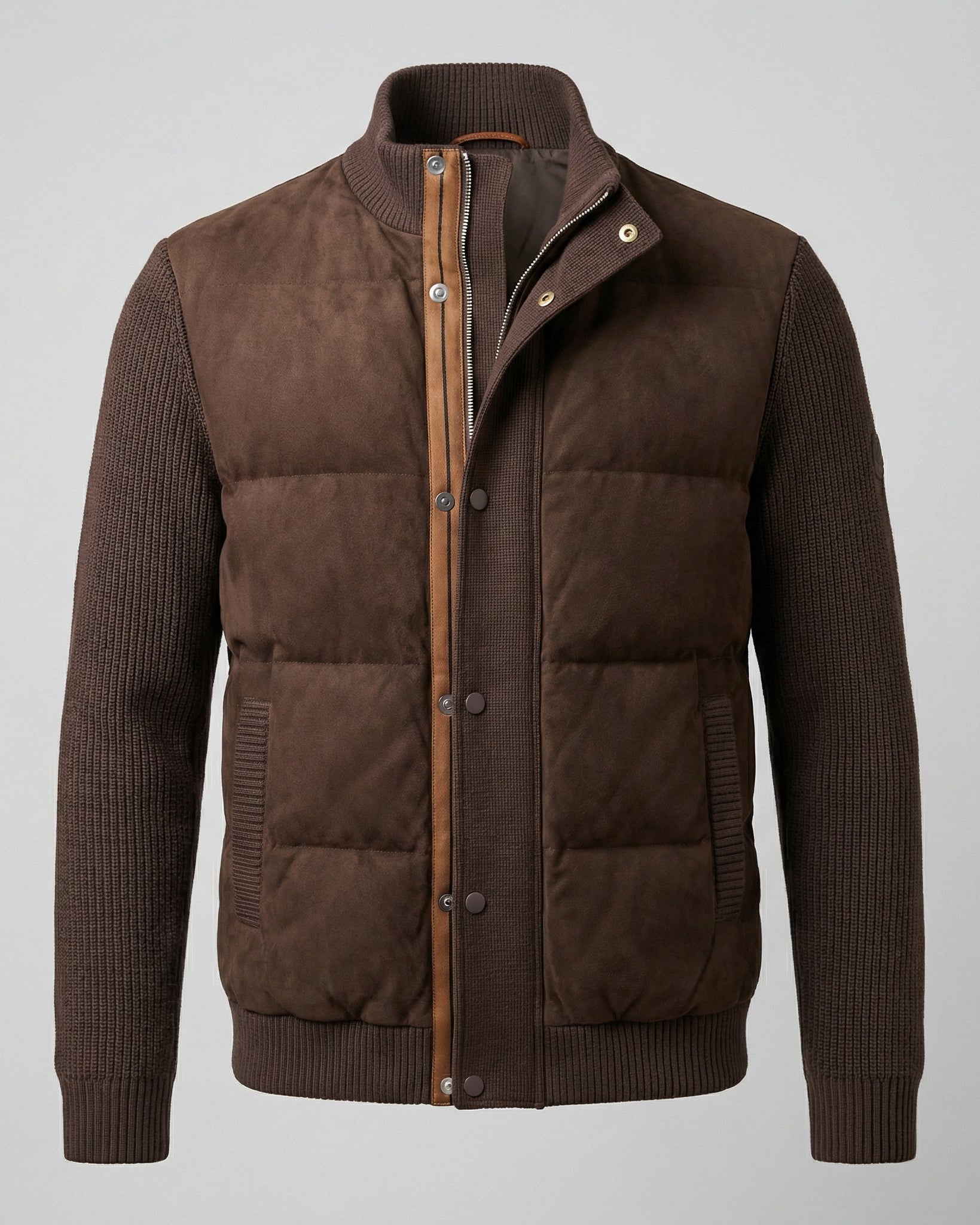 Brown quilted jacket with ribbed sleeves on a light gray background