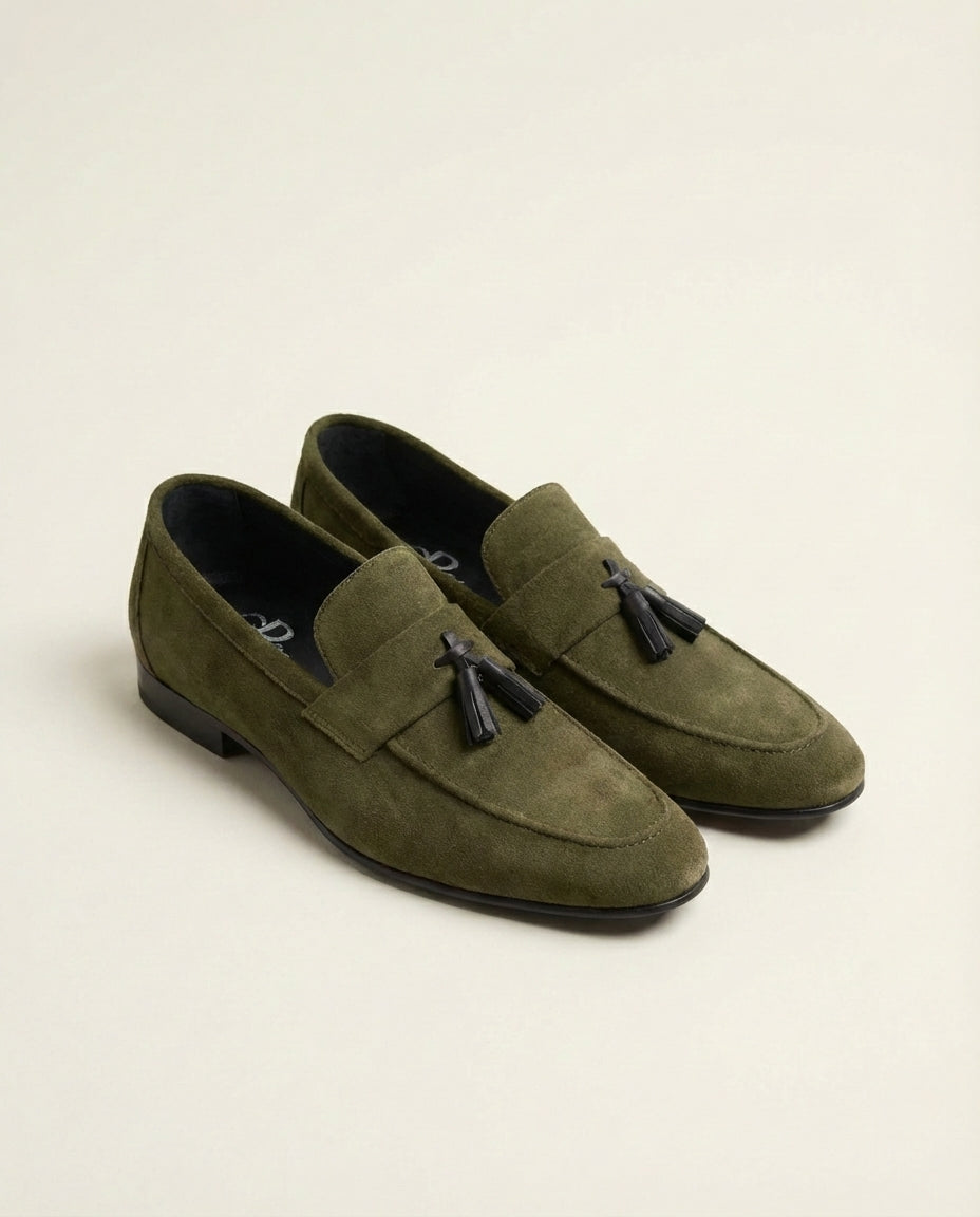 Olive Suede Tassel Loafers