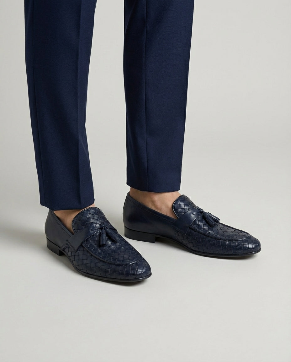 Navy Basket Weave Tassel Loafers