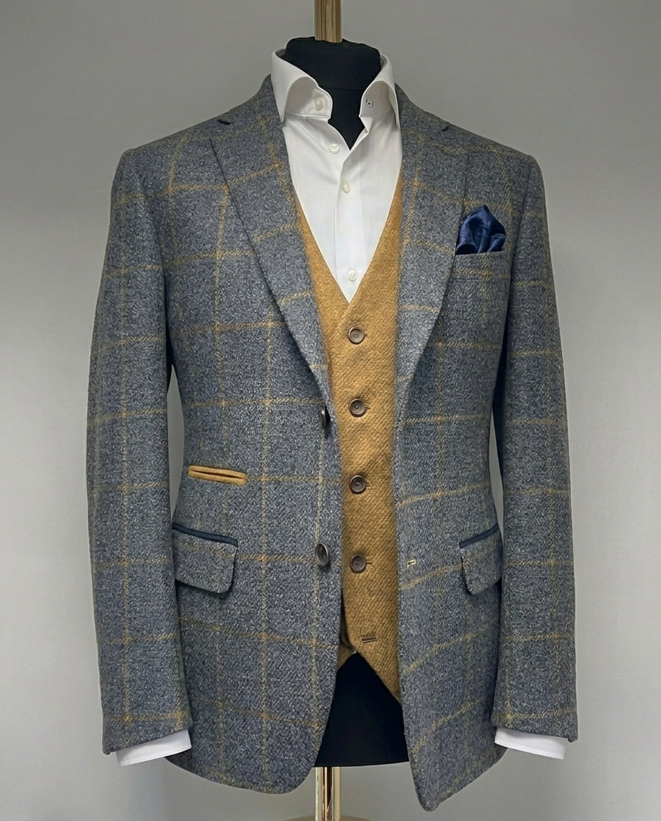 Grey Overcheck Wool Blend Blazer – Regular Fit – Made in Italy