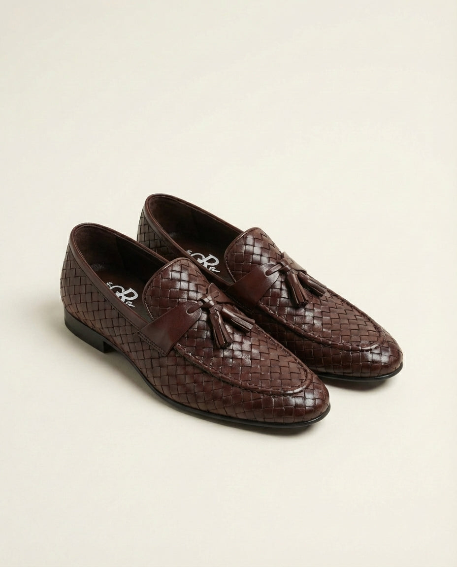 Brown Basket Weave Tassel Loafers